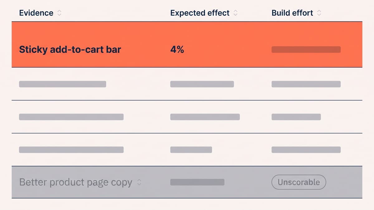 A test backlog table scoring hypotheses on evidence, expected effect and build effort, with the sticky add-to-cart bar row carrying a 4% expected lift and a row reading better product page copy greyed out as unscorable