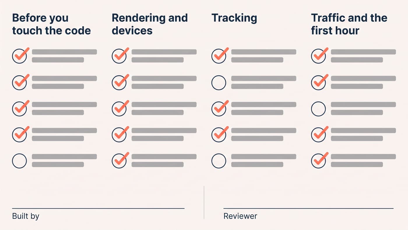 A pre-launch QA sign-off sheet listing twenty checks in four groups covering the build brief, rendering and devices, tracking, and first-hour traffic, with a reviewer field separate from the build author