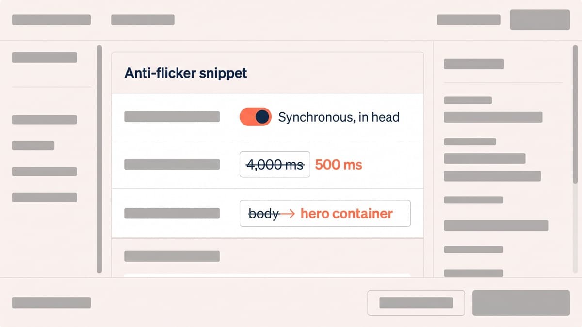 A testing tool settings panel for the anti-flicker snippet showing the loader placed synchronously in the head, the hide timeout reduced from a 4,000 ms default to 800 ms, and the hide selector narrowed from the whole body to a single hero container