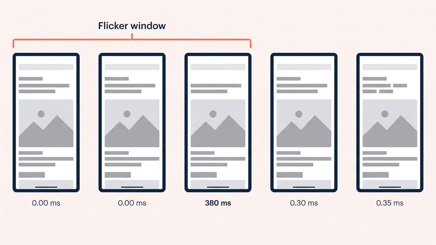 A page-load filmstrip of a product page on a throttled mobile connection, the original headline still visible at 380 ms before the variation replaces it, with the flicker window marked across the frames