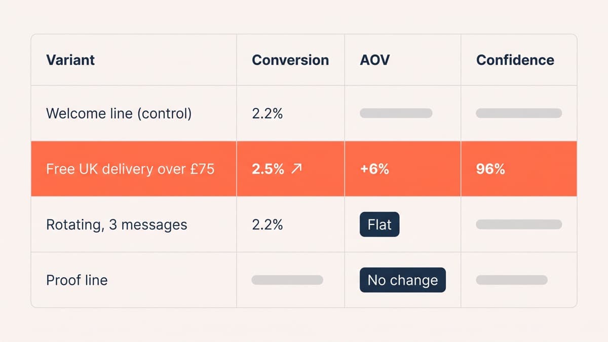 A generic unbranded experiment results table with four announcement bar rows, showing a welcome line control at 2.2% conversion, a free UK delivery over 75 pounds threshold variant at 2.5% with average order value up 6% at 96% confidence, a rotating three message variant flat at 2.2%, and a proof line row marked no change
