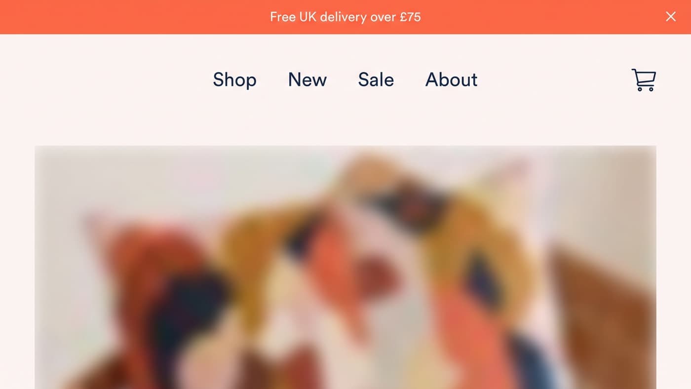 A generic unbranded storefront screenshot cropped to the top of the page, showing a coral announcement bar reading free UK delivery over 75 pounds with a dismiss control at its right edge, sitting above a navigation row and the first product image