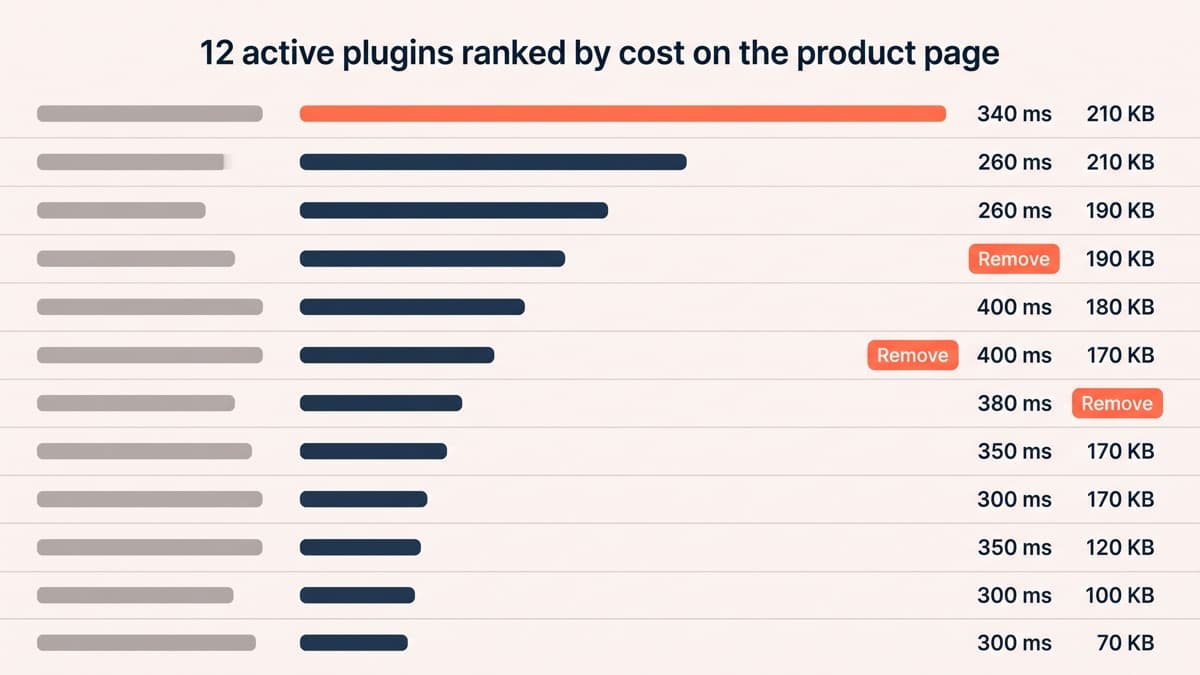 A plugin audit table in a generic unbranded store admin listing twelve active plugins ranked by measured cost on a product page, the worst row reading 340 milliseconds and 210 KB, with three rows flagged in coral and marked remove