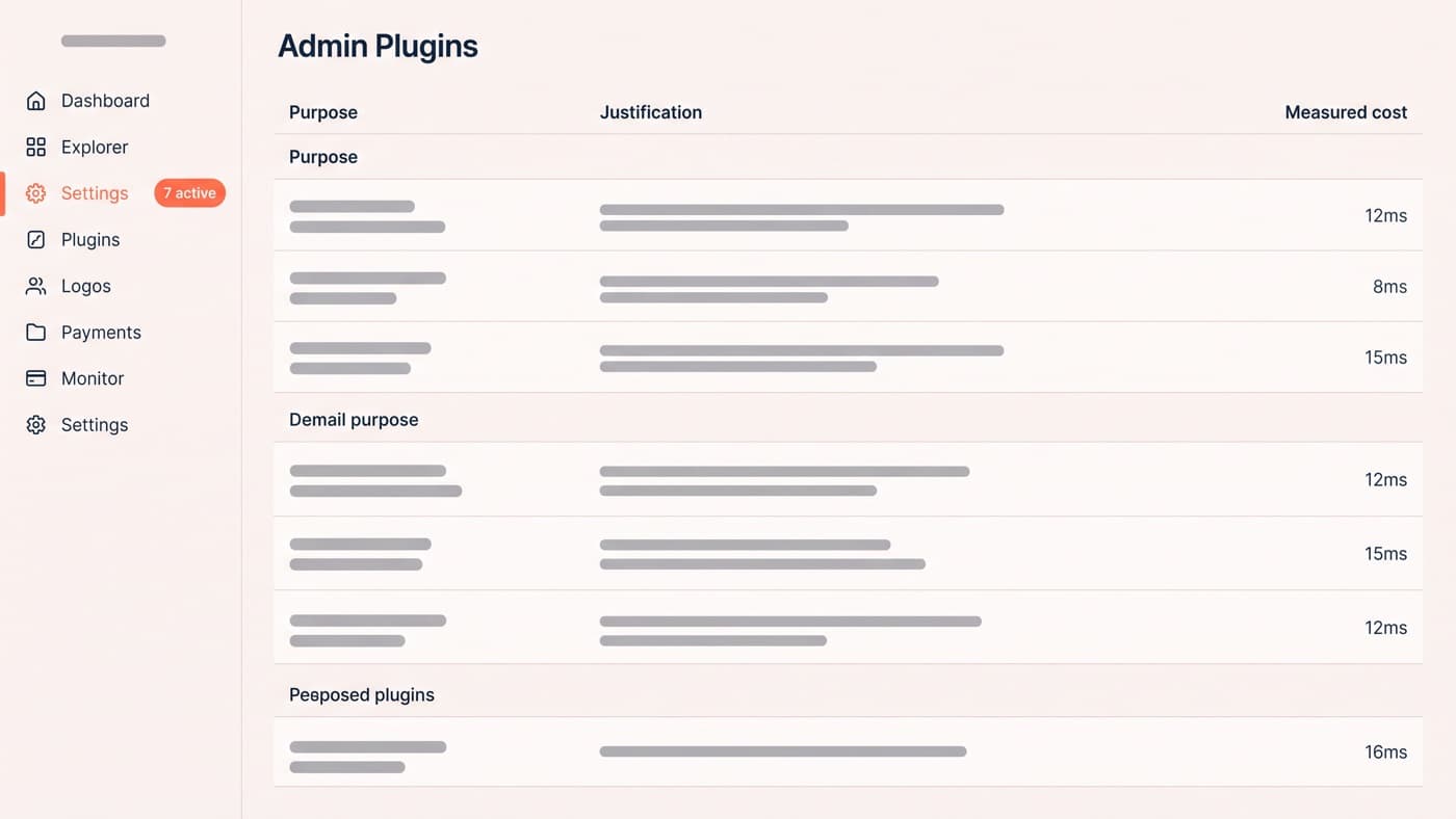 A generic unbranded store admin plugins screen listing seven active plugins grouped by purpose, each row carrying a one-line written justification and a measured cost column, with a sidebar counter reading 7 active
