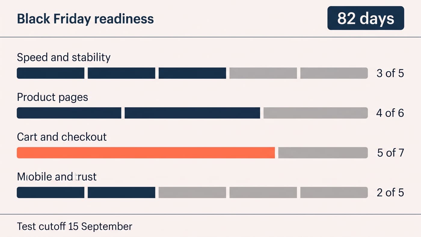 A Black Friday readiness dashboard with an 82-day countdown and four progress rows for speed, product pages, cart and checkout, and mobile and trust, above a footer reading test cutoff 15 September