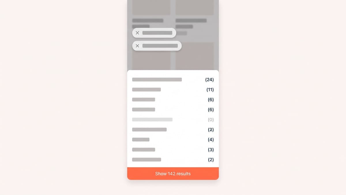 A generic unbranded mobile filter drawer for a walking-jacket collection, showing option counts beside each value, a greyed-out zero-result option, two removable filter chips above the grid behind it, and a sticky bar at the bottom reading Show 142 results