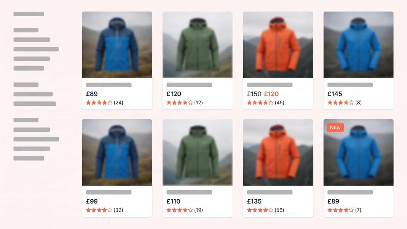 A generic unbranded desktop collection grid of outdoor jacket cards, each showing a product image, a name, a price and a star rating with its review count, with a filter rail down the left and a single New badge on one card