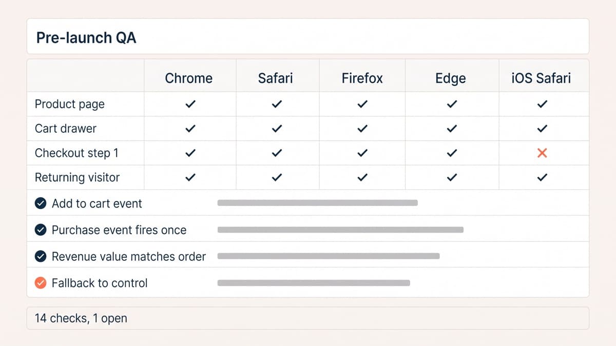 A pre-launch QA sign-off sheet with a browser and device matrix across Chrome, Safari, Firefox, Edge and iOS Safari, every cell ticked except checkout step 1 on iOS Safari, which carries a coral cross, above a tracking checklist confirming the purchase event fires once and the variation falls back to the control