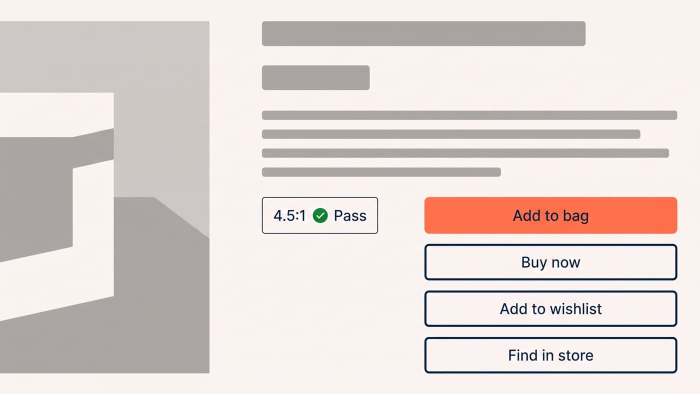 A generic unbranded product page buy box with a single filled primary button reading Add to bag, three outlined secondary actions stacked beneath it, and a contrast checker panel to one side reporting a 4.5:1 ratio for the primary button label