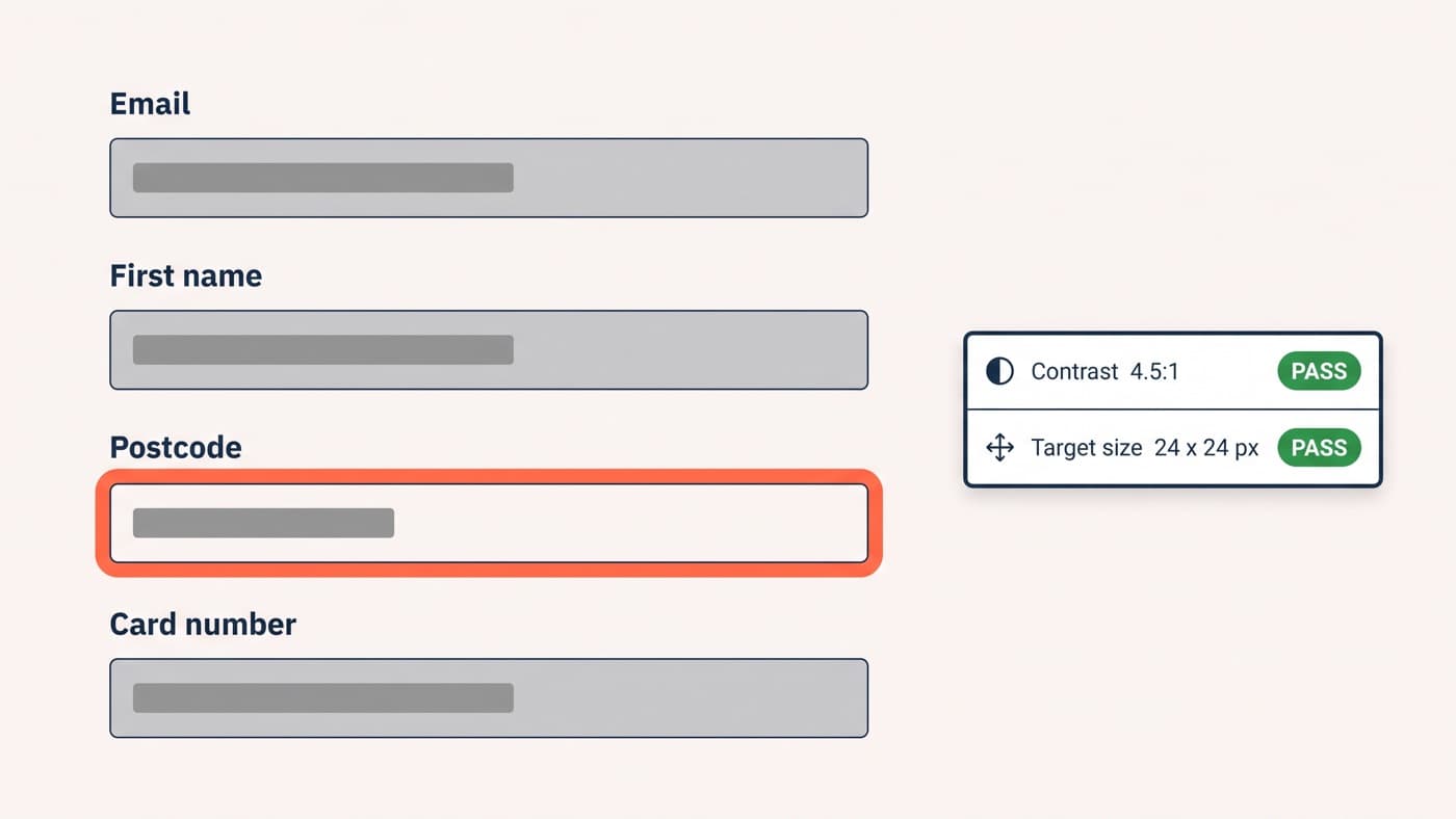 A generic unbranded checkout form screenshot with a thick visible focus ring around the postcode field, a text label above every input, and an inspector panel reporting 4.5:1 text contrast and a 24 by 24 pixel target size