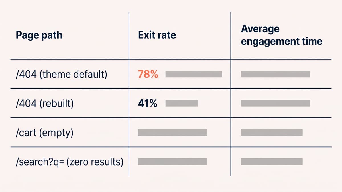 A generic unbranded GA4 exploration table of dead-end page paths with exit rates, showing the theme default 404 template at a 78% exit rate above the rebuilt 404 template at 41%, alongside empty cart and zero-results rows