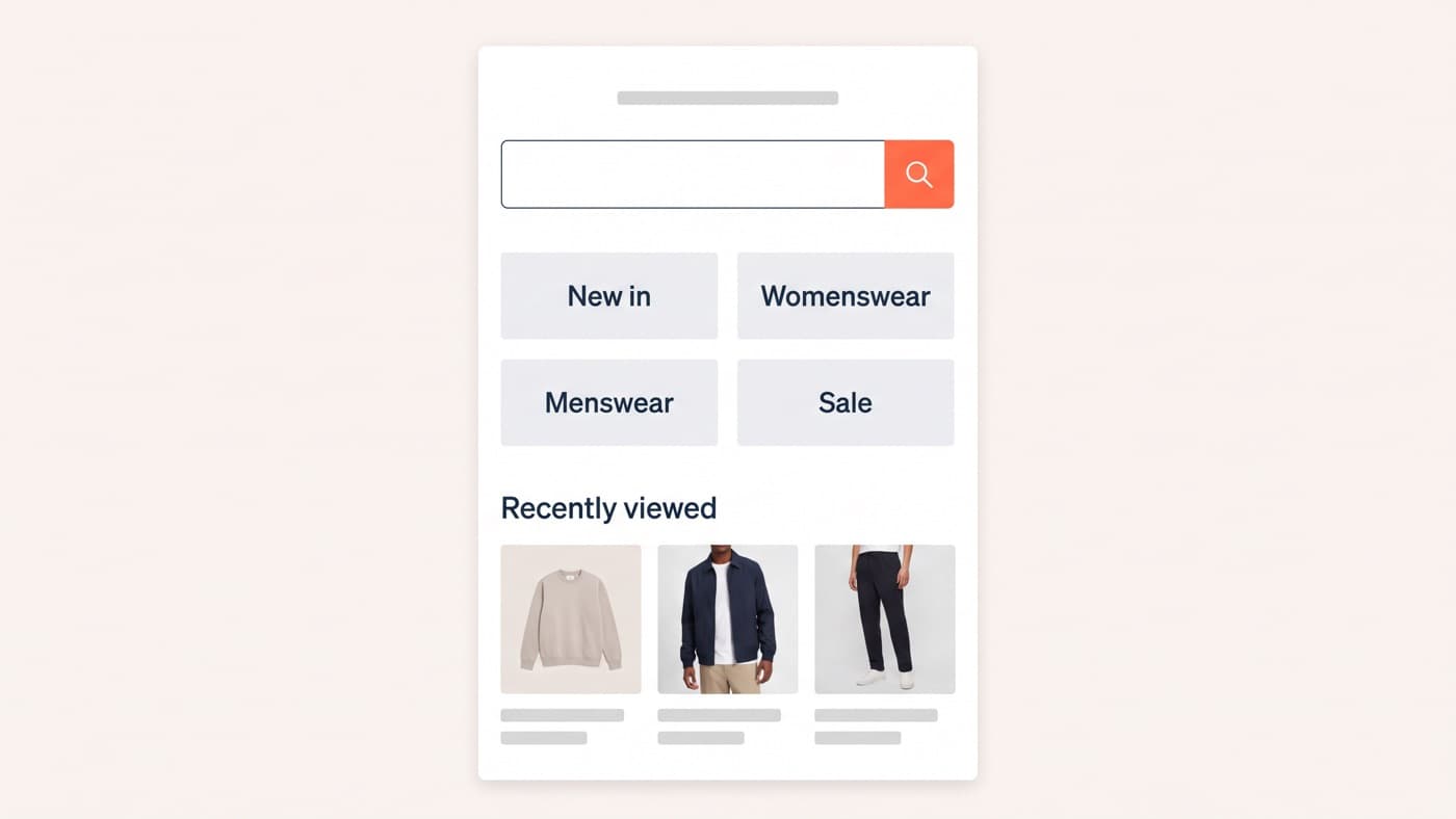 A generic unbranded 404 page screenshot on mobile with a site search field at the top, 4 top-level category buttons beneath it, and a row of 3 recently viewed product cards with prices
