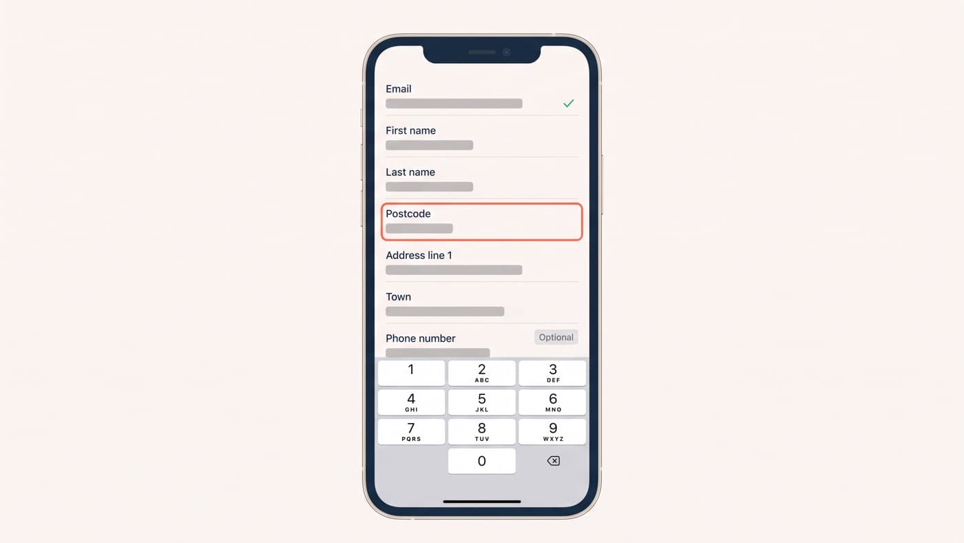 A generic unbranded mobile checkout delivery form screenshot showing 7 fields, a numeric keypad raised for the postcode field, a green inline tick beside the completed email field, and a phone number row marked optional