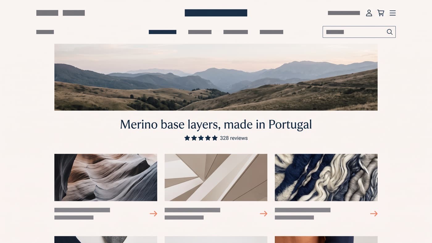 A generic unbranded ecommerce homepage above the fold, showing a static hero image, a one-line proposition, a star rating with its review count, and a row of three named category tiles fully visible without scrolling