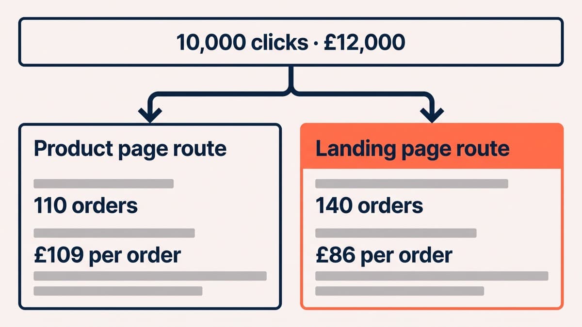 A funnel maths panel for 10,000 paid clicks costing £12,000, showing the product page route producing 110 orders at £109 each and the landing page route producing 140 orders at £86 each