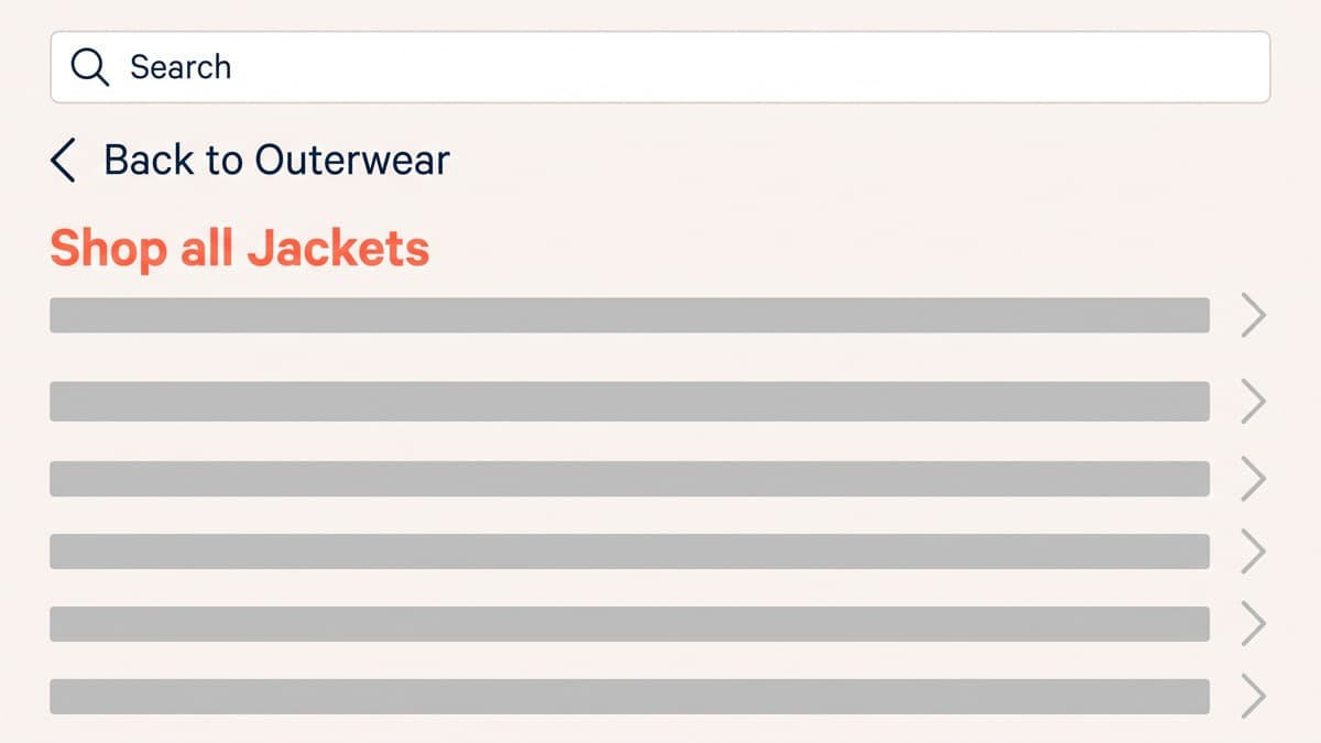 A generic unbranded mobile navigation drawer at its second level, with a search field pinned to the top, a back control reading Back to Outerwear, a Shop all Jackets row above the child list, and plain grey filler bars standing in for the remaining items