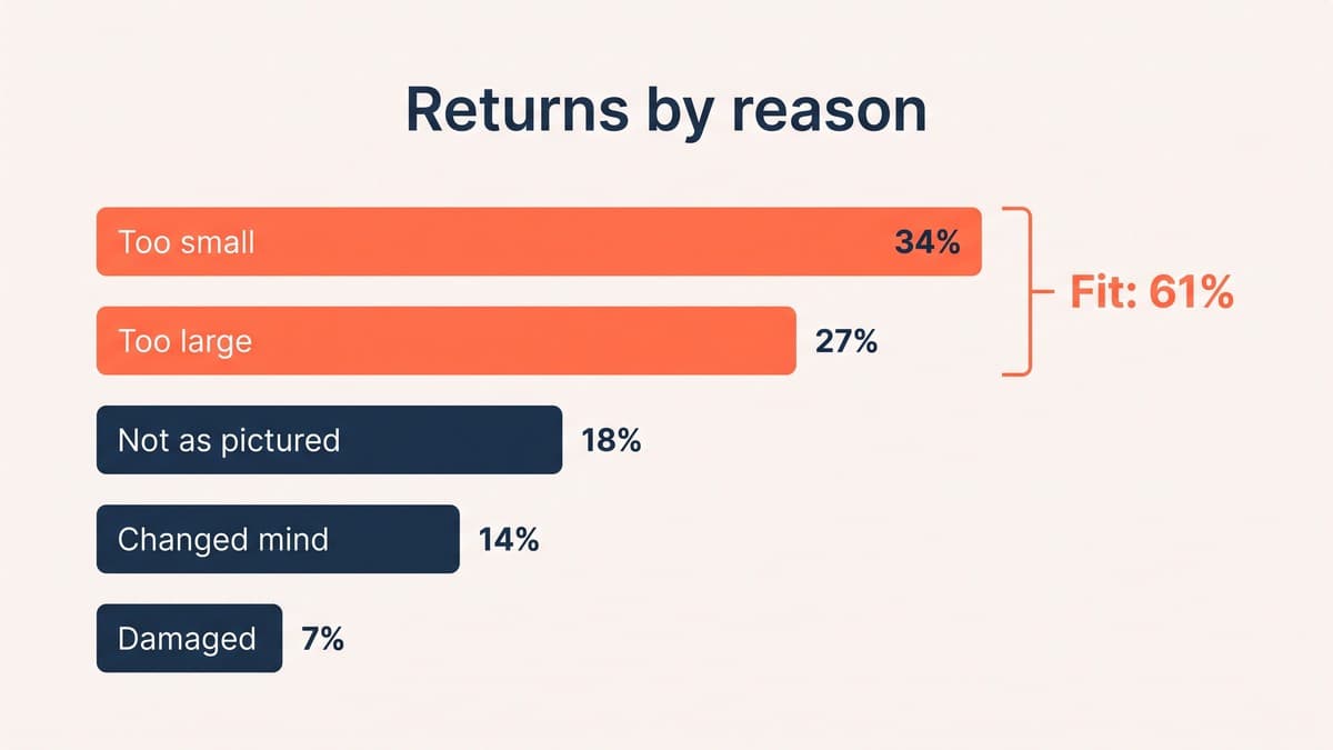 A returns-by-reason breakdown where "too small" and "too large" together account for most returns, both bars in coral