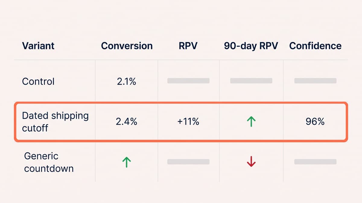 A generic unbranded experiment results table with three variant rows, showing a control at 2.1% conversion, a dated shipping cutoff variant at 2.4% with revenue per visitor up 11% at 96% confidence, and a generic countdown variant winning add-to-cart but showing a red 90-day revenue per visitor column
