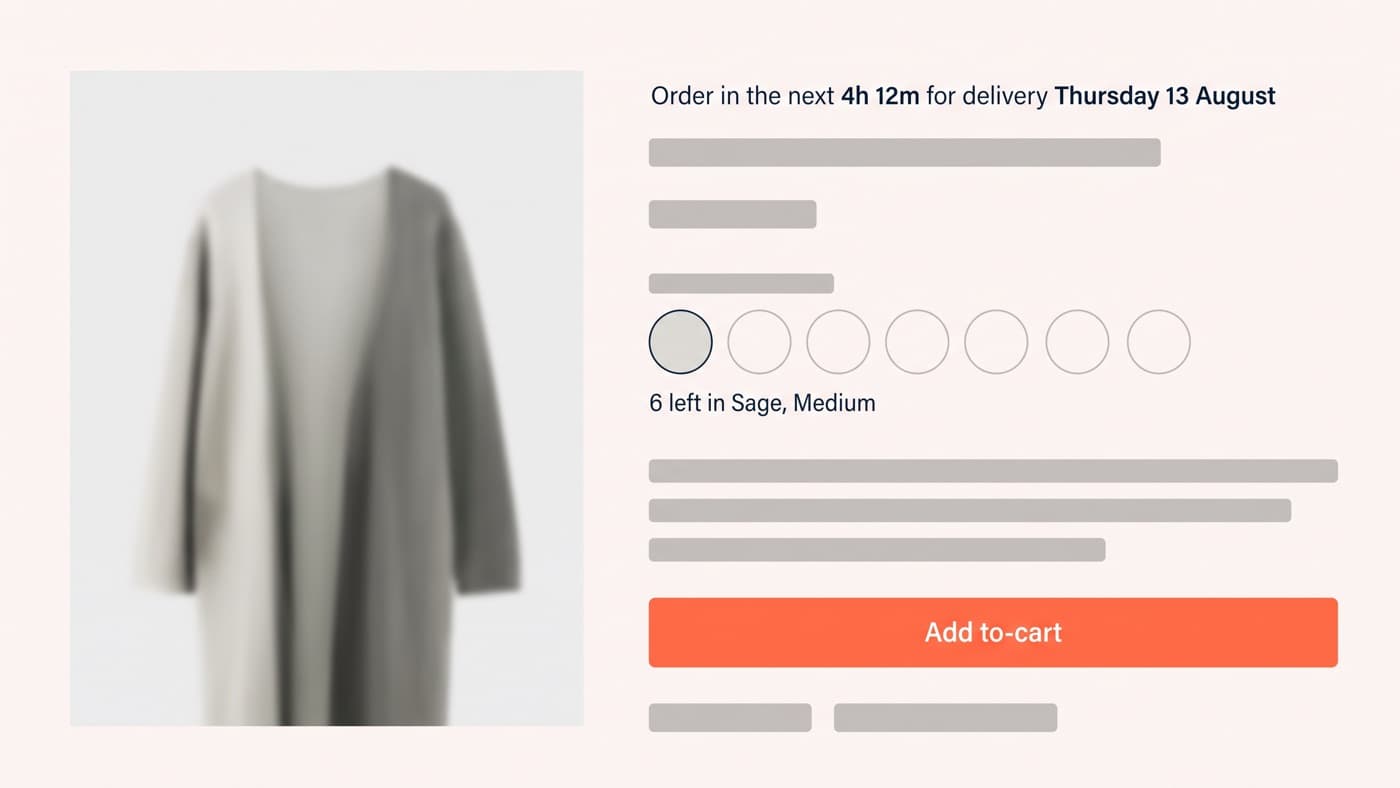 A generic unbranded product page screenshot showing a dated shipping cutoff line reading order in the next few hours for delivery on a named day, beside a variant-level stock line reading 6 left in one size