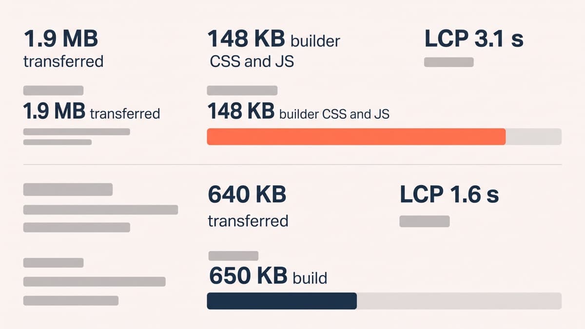 A browser performance report comparing two builds of the same generic marketing page: the builder build listed at 1.9 MB transferred with 148 KB of builder CSS and JavaScript and a largest contentful paint of 3.1 seconds, and the block build listed at 640 KB with a largest contentful paint of 1.6 seconds