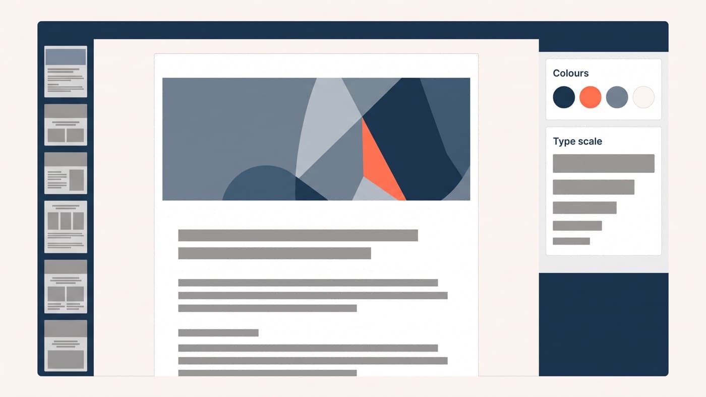 A generic unbranded block editor canvas with a marketing page open, the styles sidebar showing a locked palette of four brand colours and a type scale of five sizes, and a section pattern inserter panel down the left edge