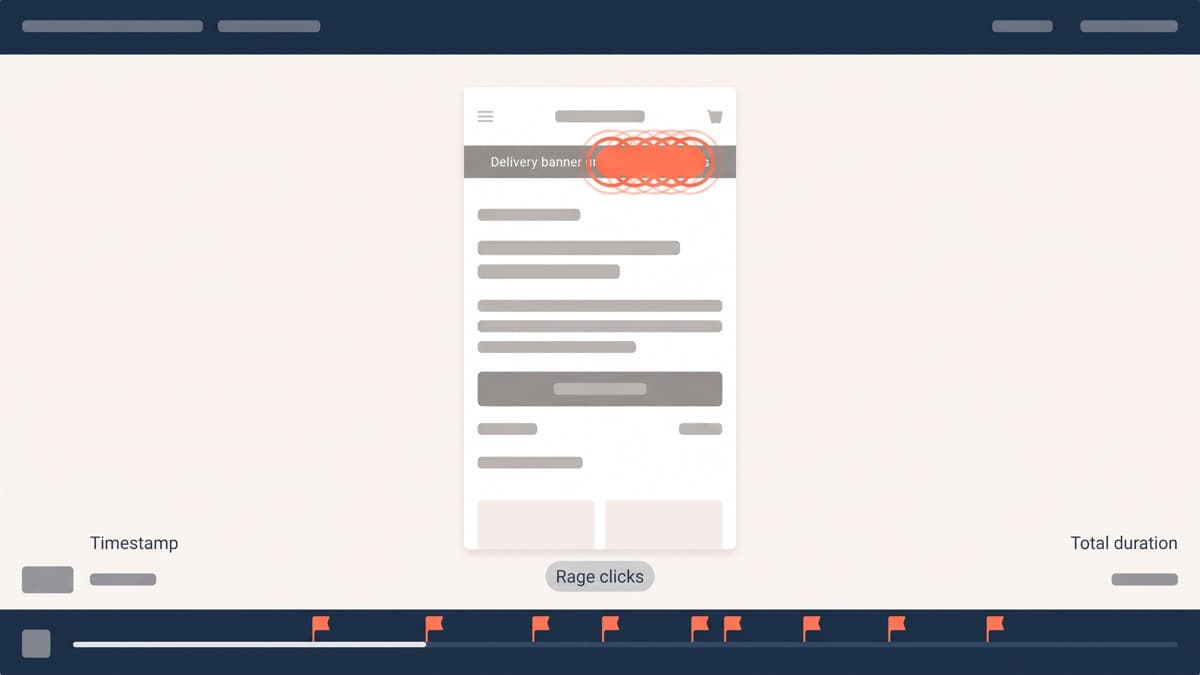A session recording player paused on a mobile product page, with rage-click markers clustered on a static delivery banner and the frustration moments flagged on the timeline scrubber below
