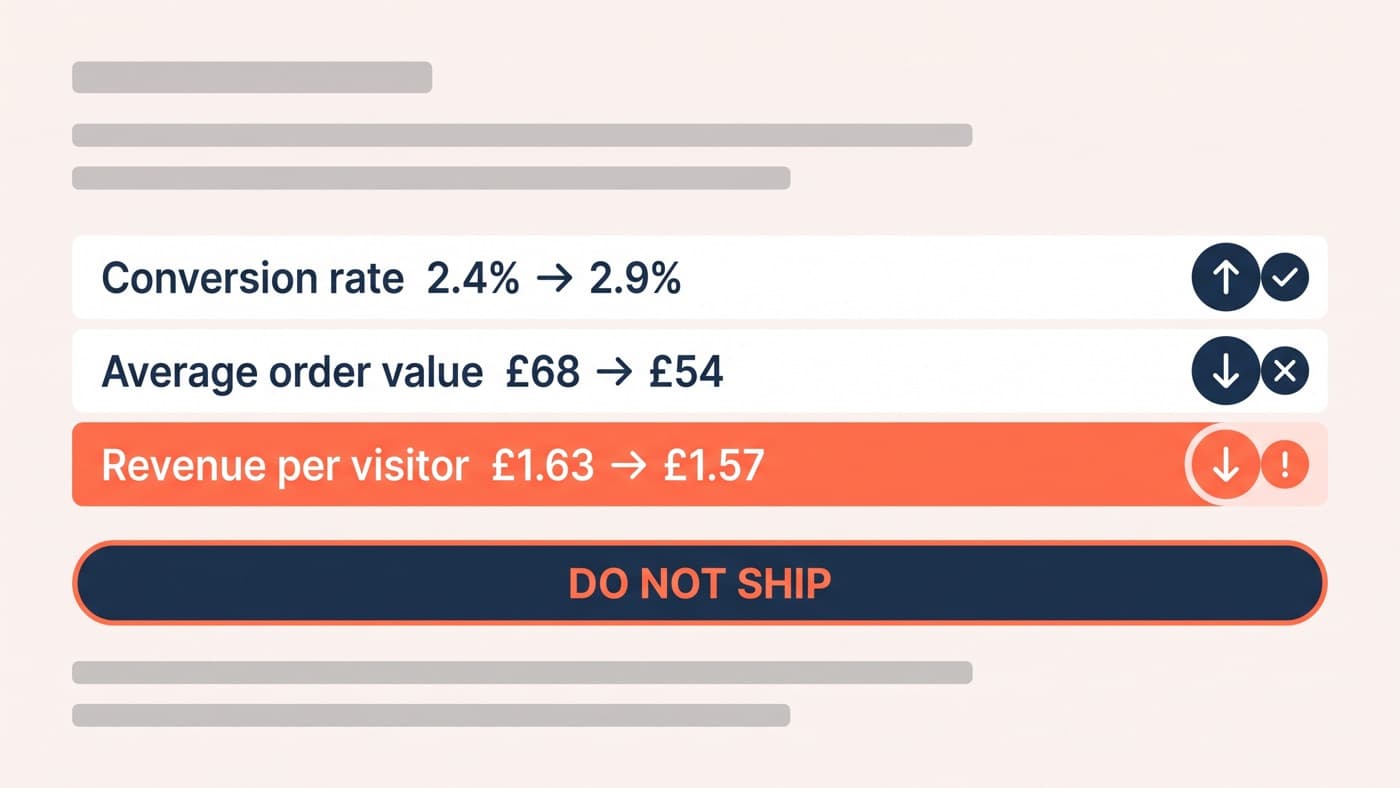 An experiment results panel with three metric rows comparing control and variation: conversion rate 2.4% against 2.9%, average order value £68 against £54, and revenue per visitor £1.63 against £1.57, with a do-not-ship verdict chip