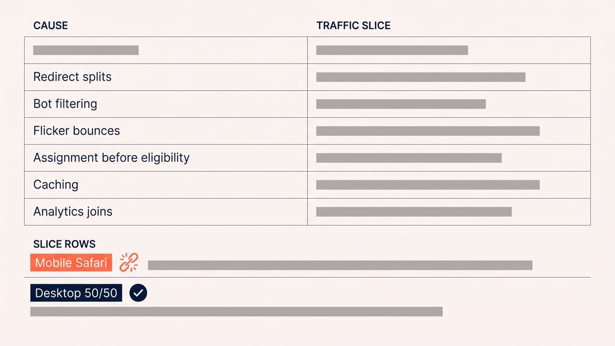 A diagnostic table pairing six sample ratio mismatch causes with the slice that exposes each, showing the imbalance concentrated in mobile Safari traffic while desktop holds at 50/50