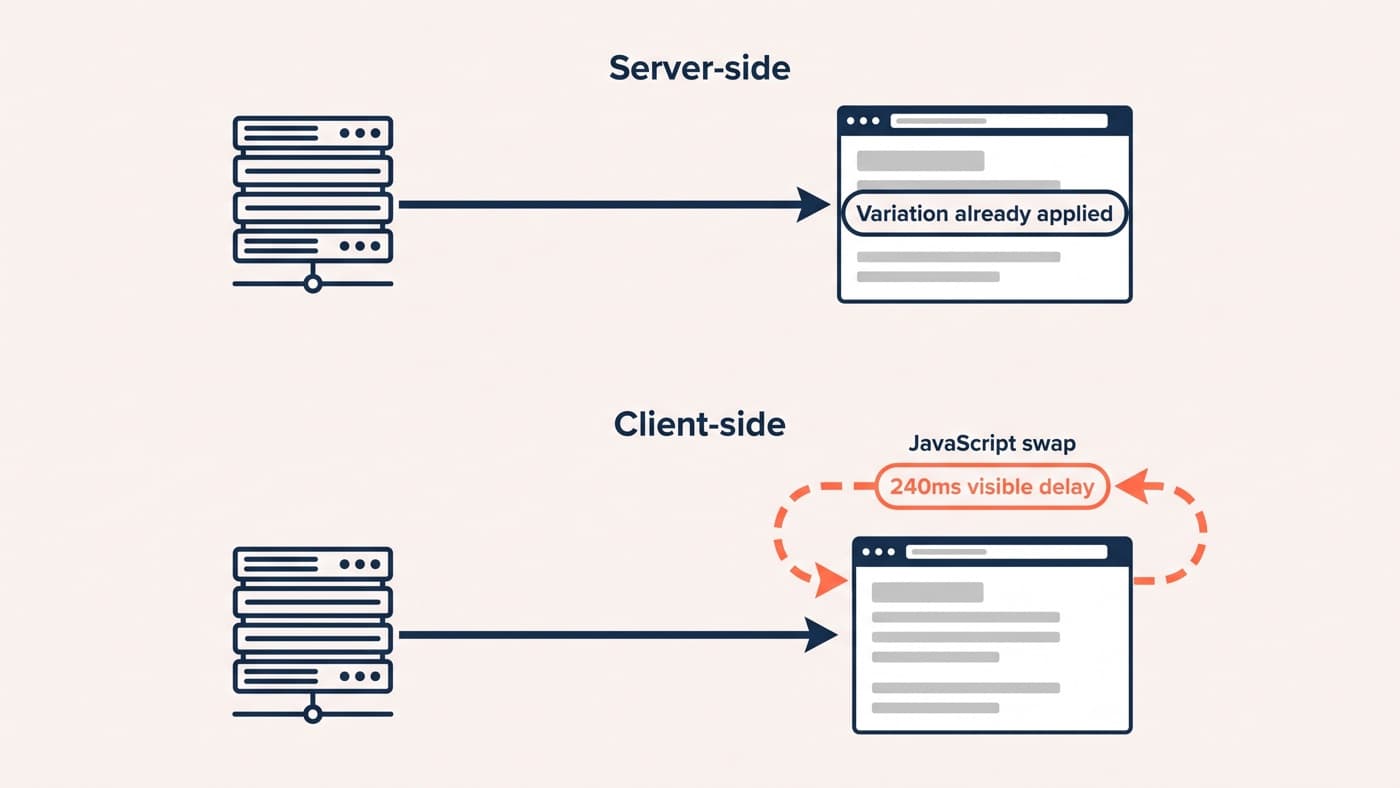 Two stacked render-path diagrams where the server-side path arrives with the variation already applied and the client-side path shows a coral JavaScript swap loop with a 240ms visible delay chip