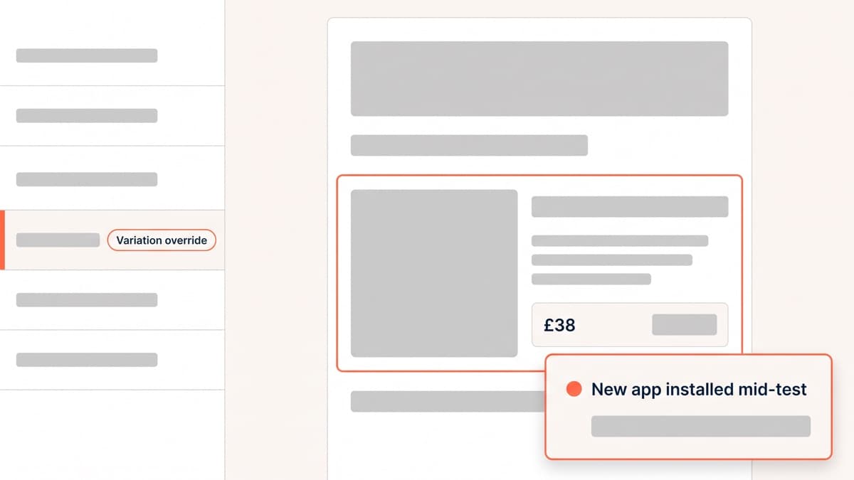 A theme editor with a section list where one row carries a coral variation override chip, a store page preview for a linen apron priced at 38 pounds, and an alert card warning that a new app was installed mid-test
