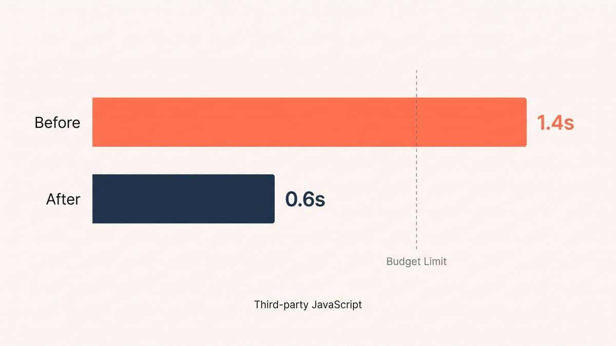 A before-and-after performance budget bar showing third-party JavaScript dropping from 1.4s to 0.6s after three apps are removed