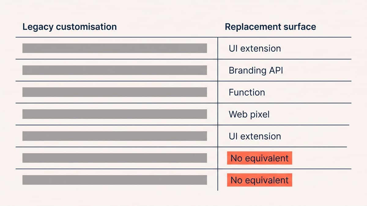 A migration inventory table in a generic store admin listing seven legacy checkout customisations mapped to their replacement surface, with two rows flagged as having no equivalent
