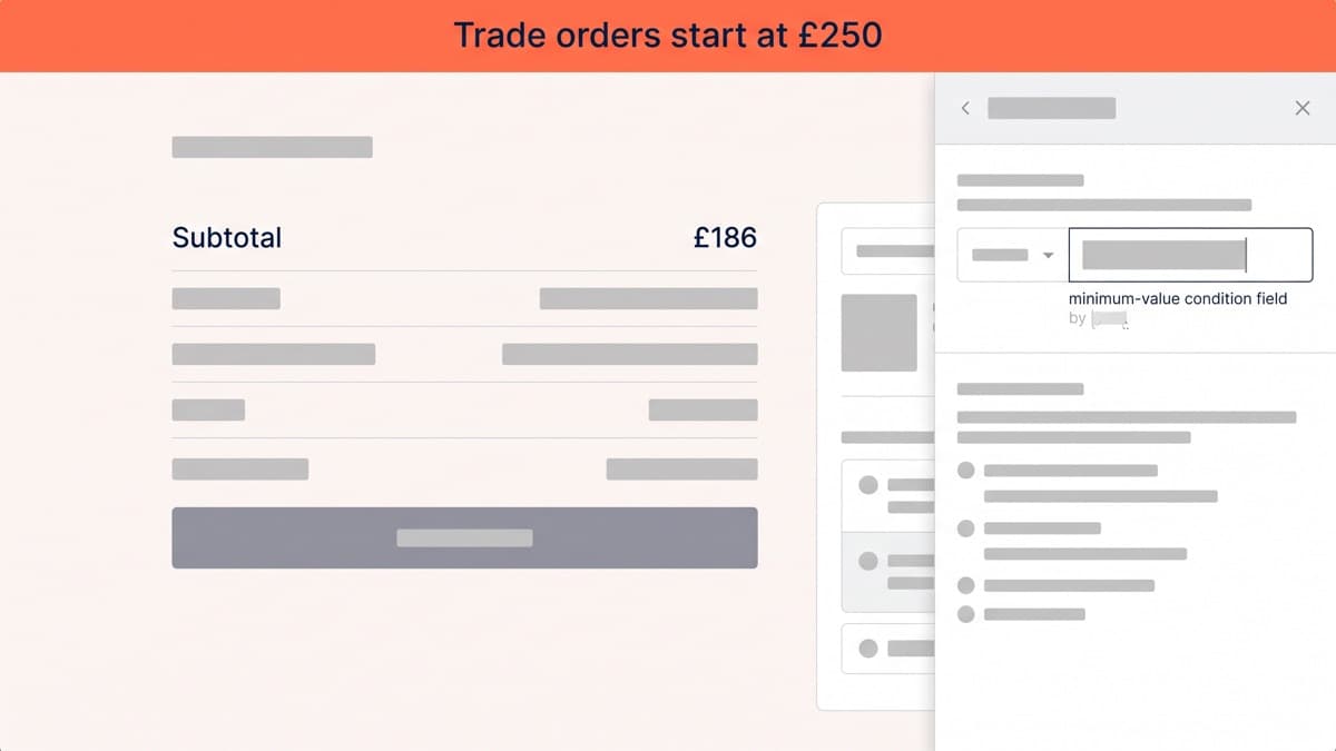 A generic checkout blocked by a server-side validation rule, showing the message "Trade orders start at £250" above a cart subtotal of £186, with the rule definition open in a side panel