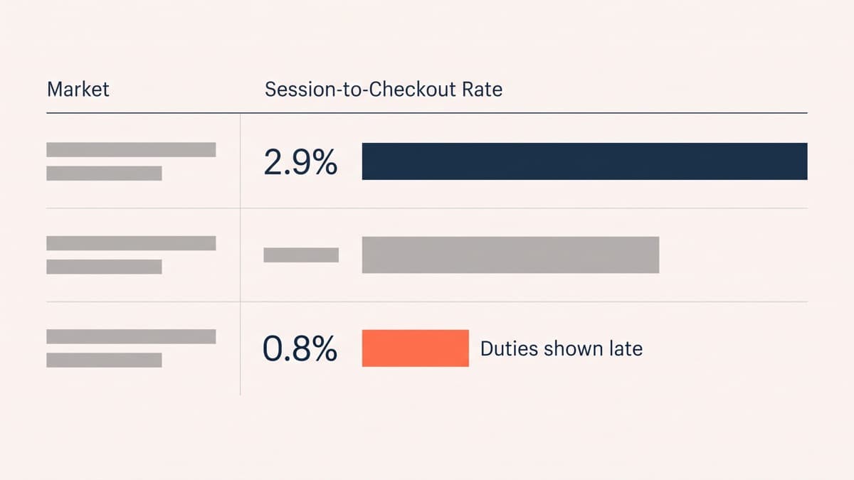 A generic analytics table comparing three markets by session-to-checkout rate, showing the home market at 2.9 per cent and Germany at 0.8 per cent, with a note on the German row flagging duties shown late