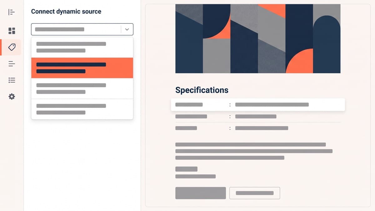 A theme editor dynamic-source picker connecting a specification block to a metafield definition, with the live preview beside it rendering a specification row that disappears when the product has no value