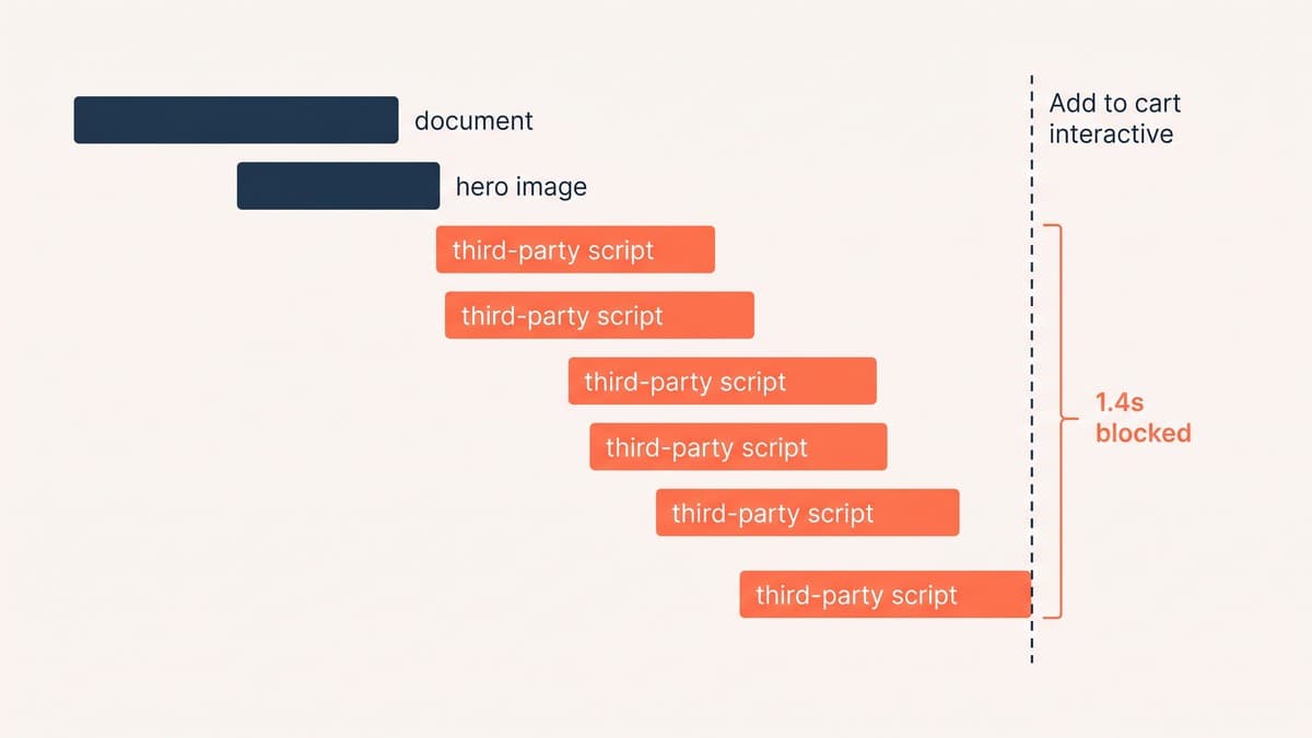 A network waterfall showing six third-party scripts loading before the add-to-cart button becomes interactive, with the blocking span marked in coral