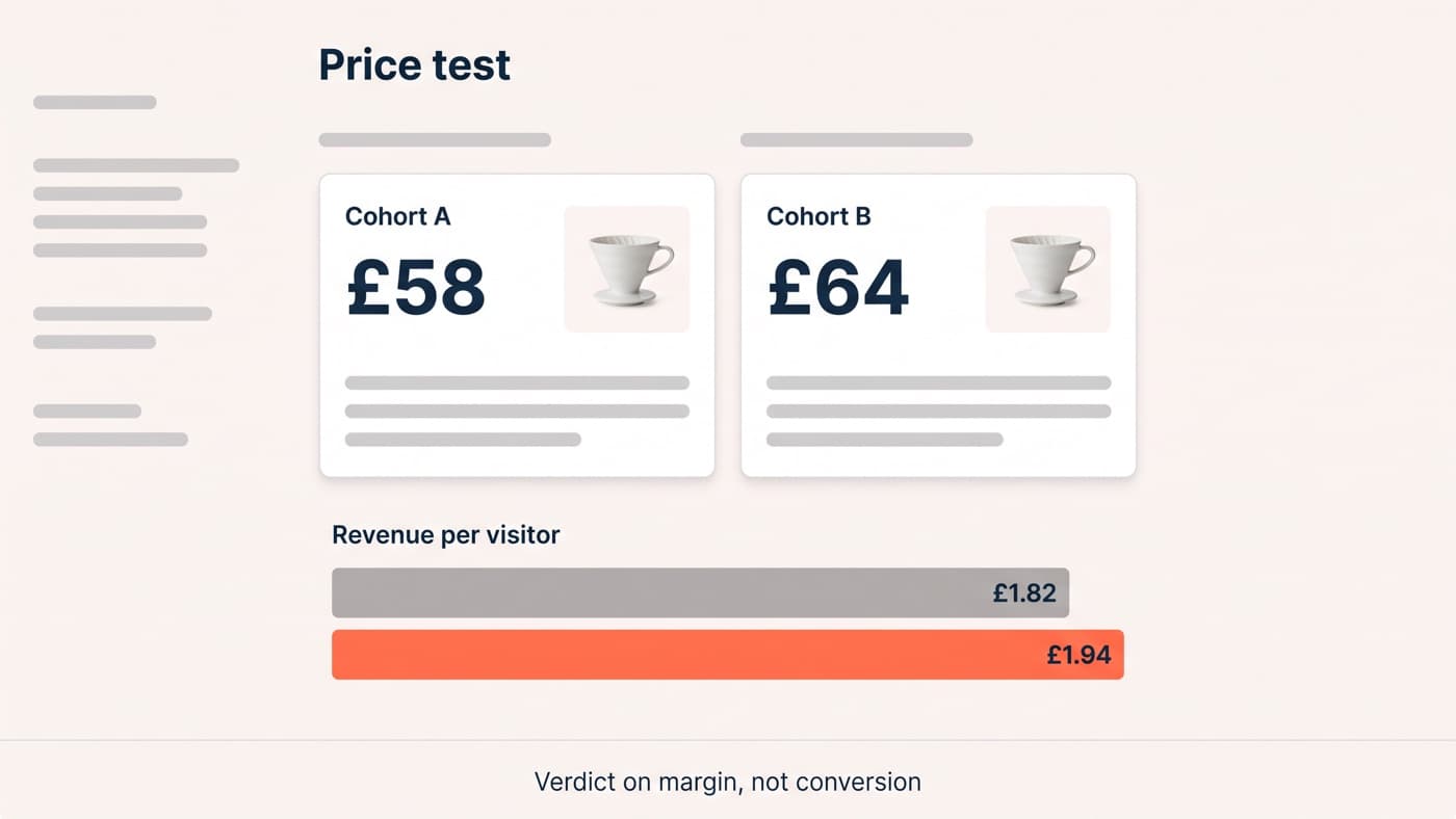 A price test dashboard showing cohort A at £58 and cohort B at £64 for the same coffee dripper, with revenue per visitor bars of £1.82 and £1.94, above a footer reading verdict on margin, not conversion