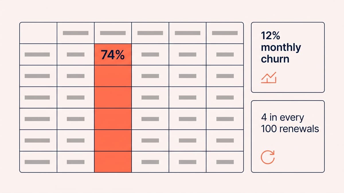 A generic store admin subscription analytics screen showing a cohort retention table with 74 per cent of subscribers retained into the second shipment, a monthly churn figure of 12 per cent, and a failed-payment row reading 4 in every 100 renewals