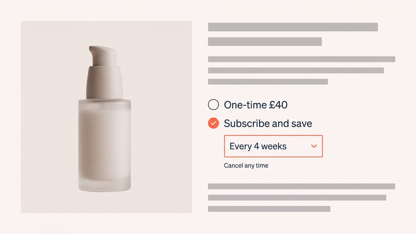 A generic storefront product page showing a purchase-options widget with a one-time price of £40 beside a subscribe option, a delivery-frequency selector and a cancel-anytime line