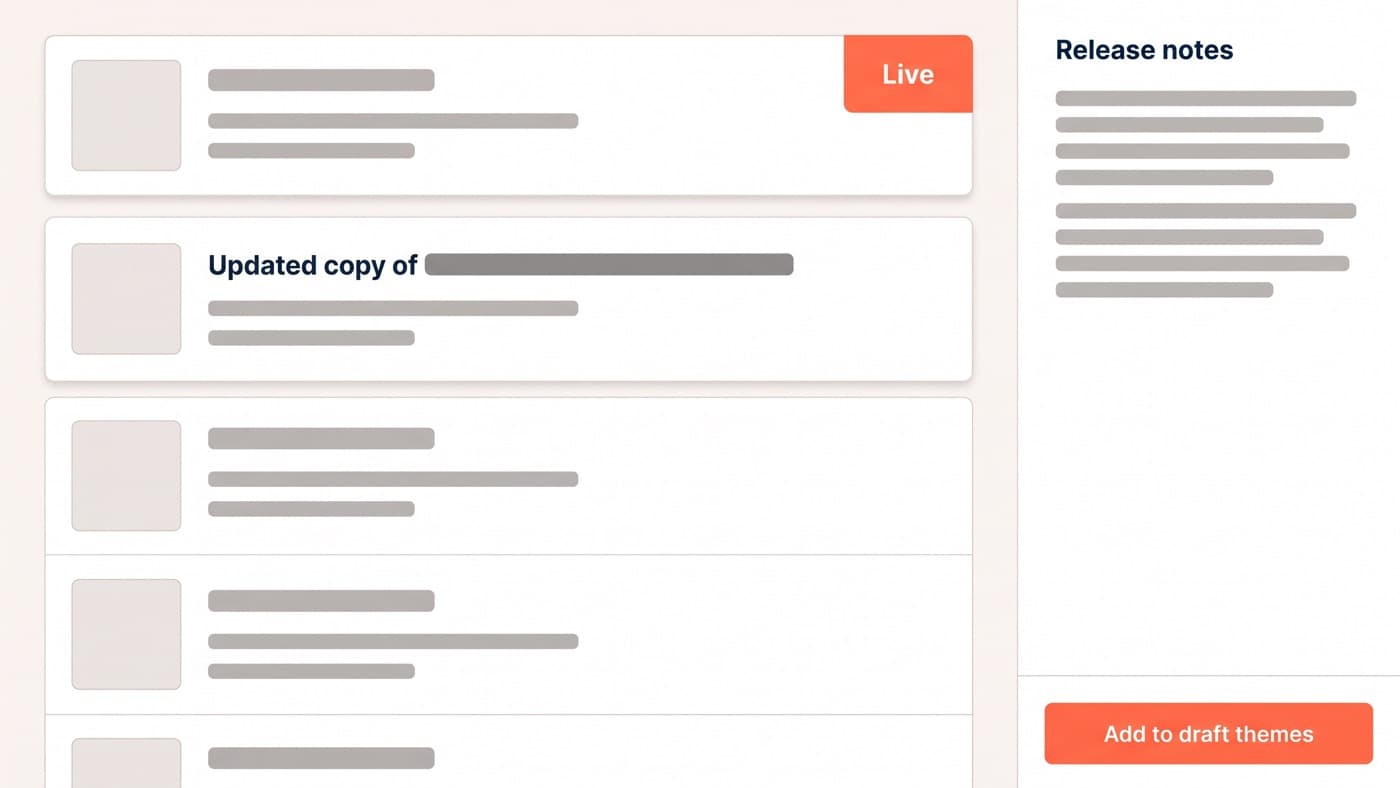 A generic store admin theme library with the published theme at the top and an "Updated copy of" draft beneath it, an update notice open alongside showing release notes and an Add to draft themes button