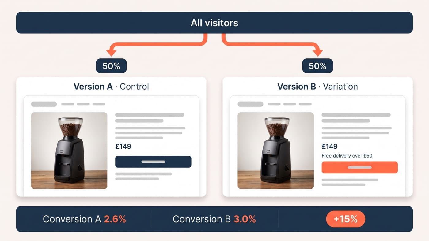 A traffic-split diagram sending 50% of visitors to Version A and 50% to Version B of a coffee-grinder product page, where Version B adds a free delivery over £50 line above a coral button, with a results strip reading 2.6%, 3.0% and a +15% badge
