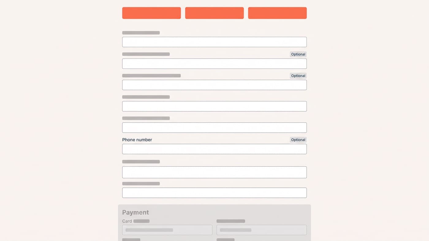 A generic storefront checkout form showing twelve stacked input fields above the payment section, with the second address line and the phone field labelled optional and express wallet buttons sitting above the form