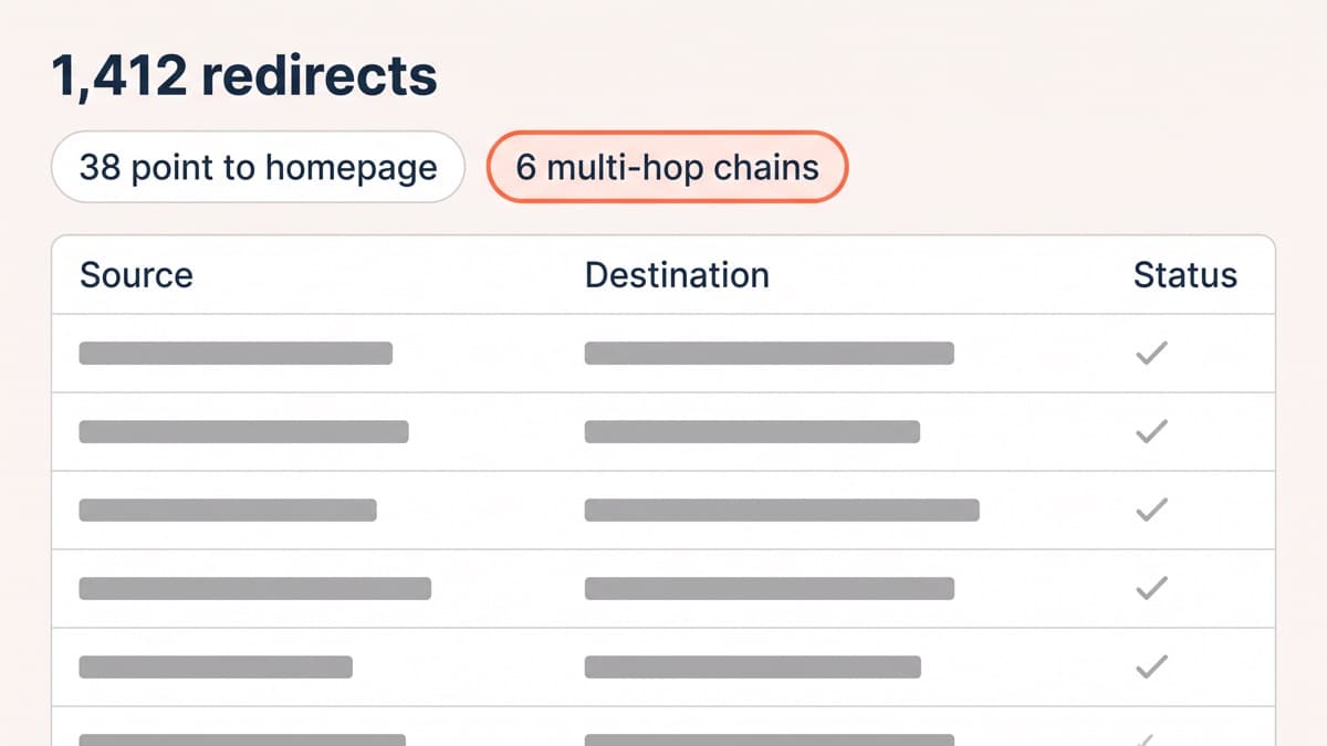 A generic store admin URL redirects screen listing an imported set of 1,412 redirects with source, destination and status columns, 38 rows flagged as pointing at the homepage and 6 flagged as multi-hop chains