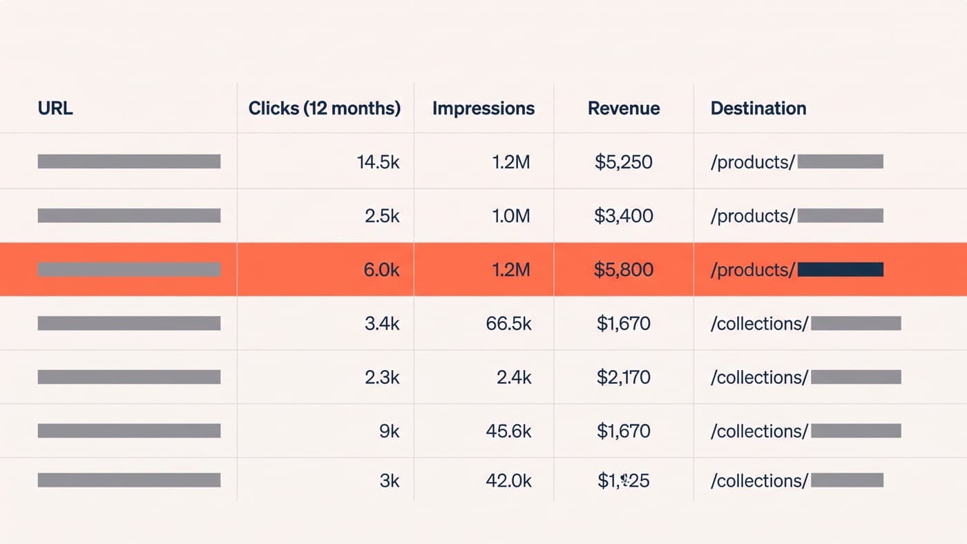 A generic spreadsheet-style migration inventory where every row is a store URL with twelve months of clicks, impressions and revenue beside it and a destination column mapping each one to a products or collections path