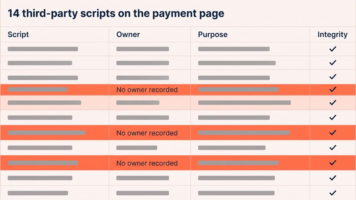 A payment-page script inventory table in a generic unbranded store admin listing 14 third-party scripts with owner, purpose and integrity columns, three rows highlighted in coral and marked no owner recorded