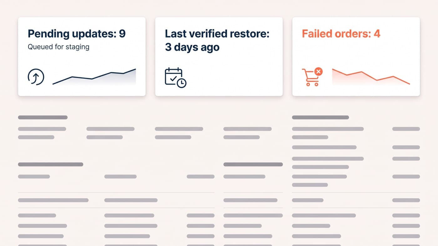 A site health and maintenance panel in a generic store admin showing nine pending updates queued for staging, a backup card reading last verified restore three days ago, and a failed-order counter reading four