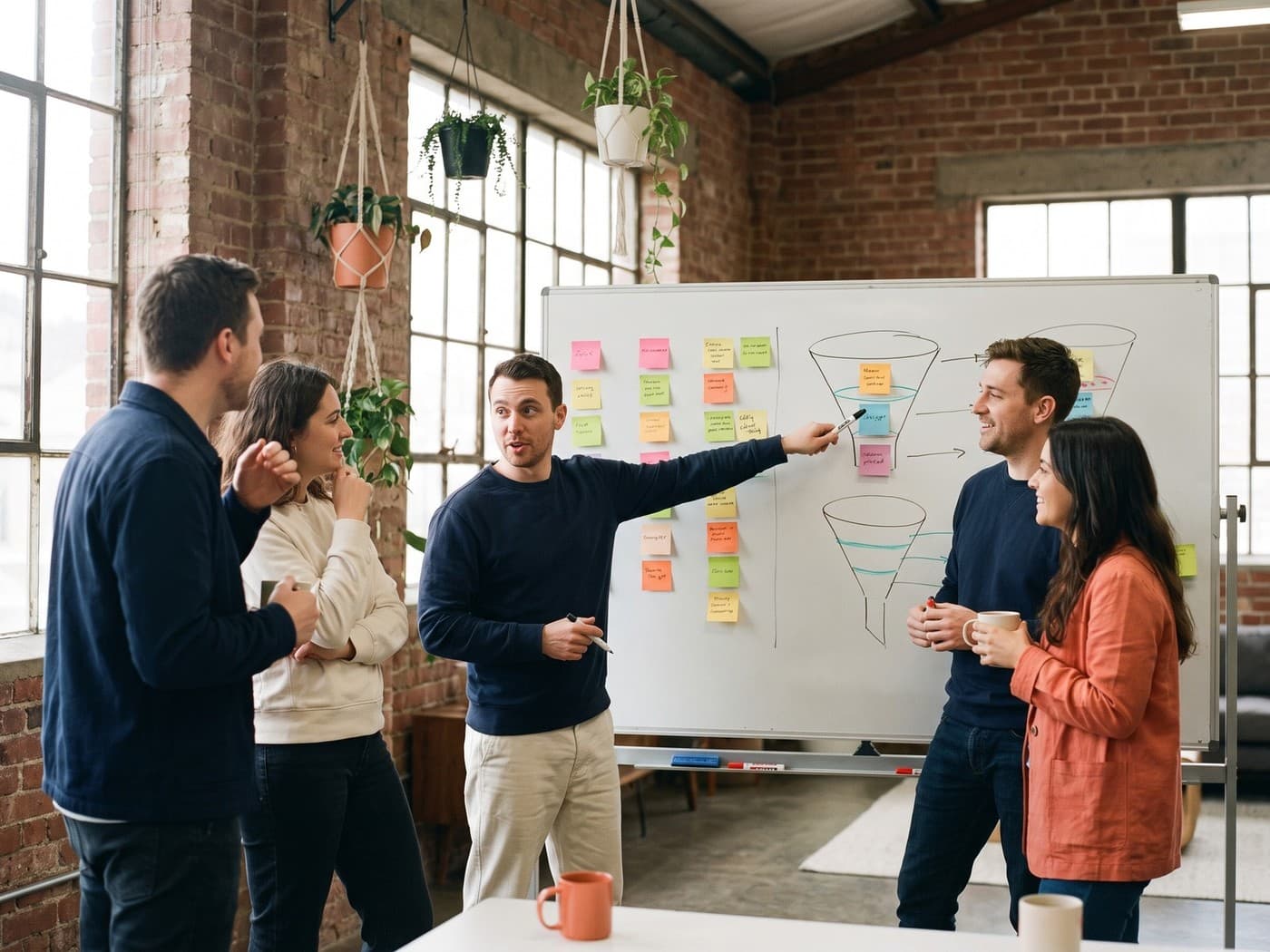 Photo of a team of four around a whiteboard covered in sticky notes and drawn funnel diagrams, animated discussion