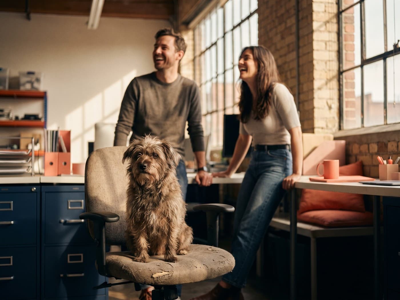 Photo of a small scruffy terrier sitting proudly on an office chair between desks, teammates laughing blurred in background