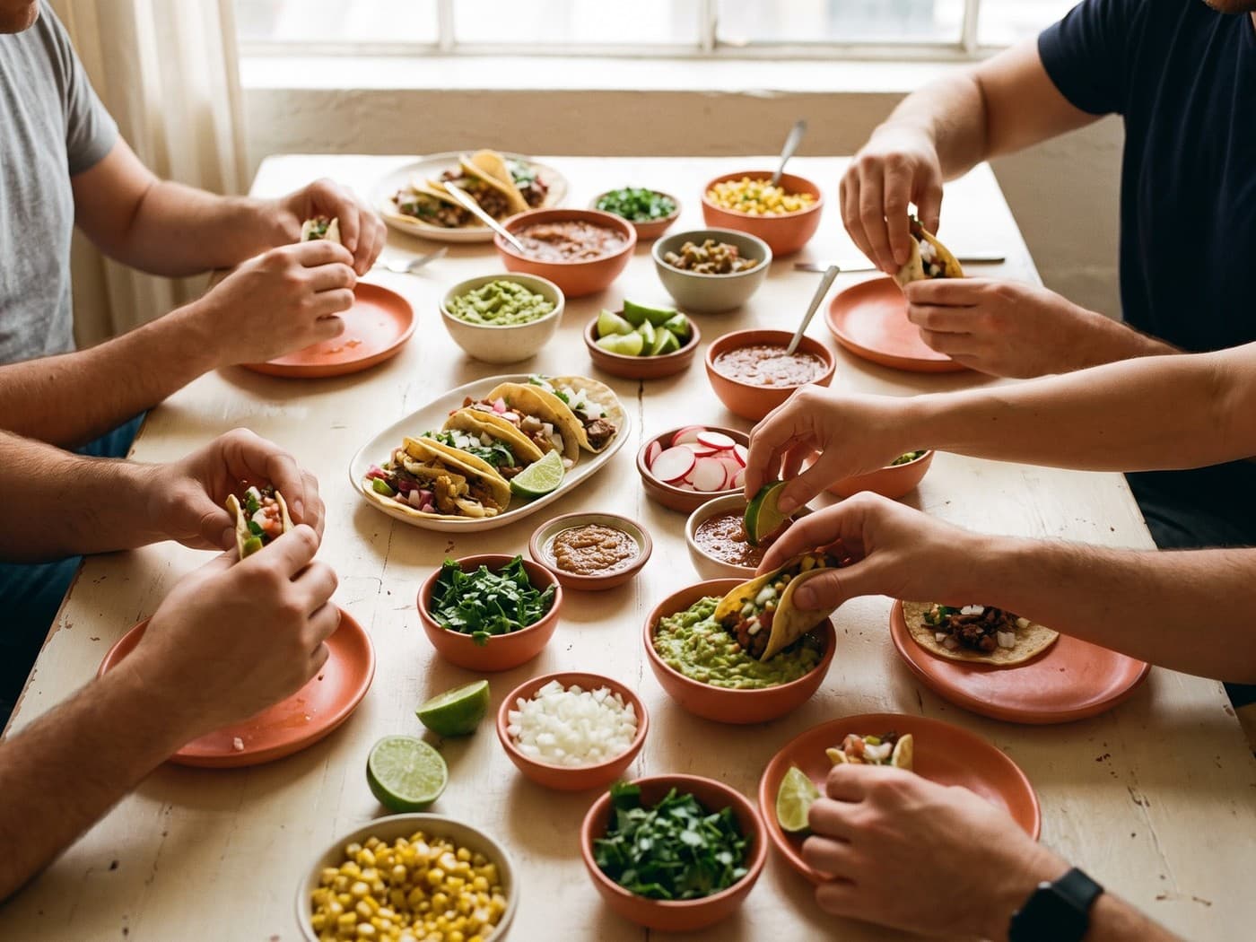 Overhead photo of a colorful taco lunch spread on a studio table with many hands reaching in