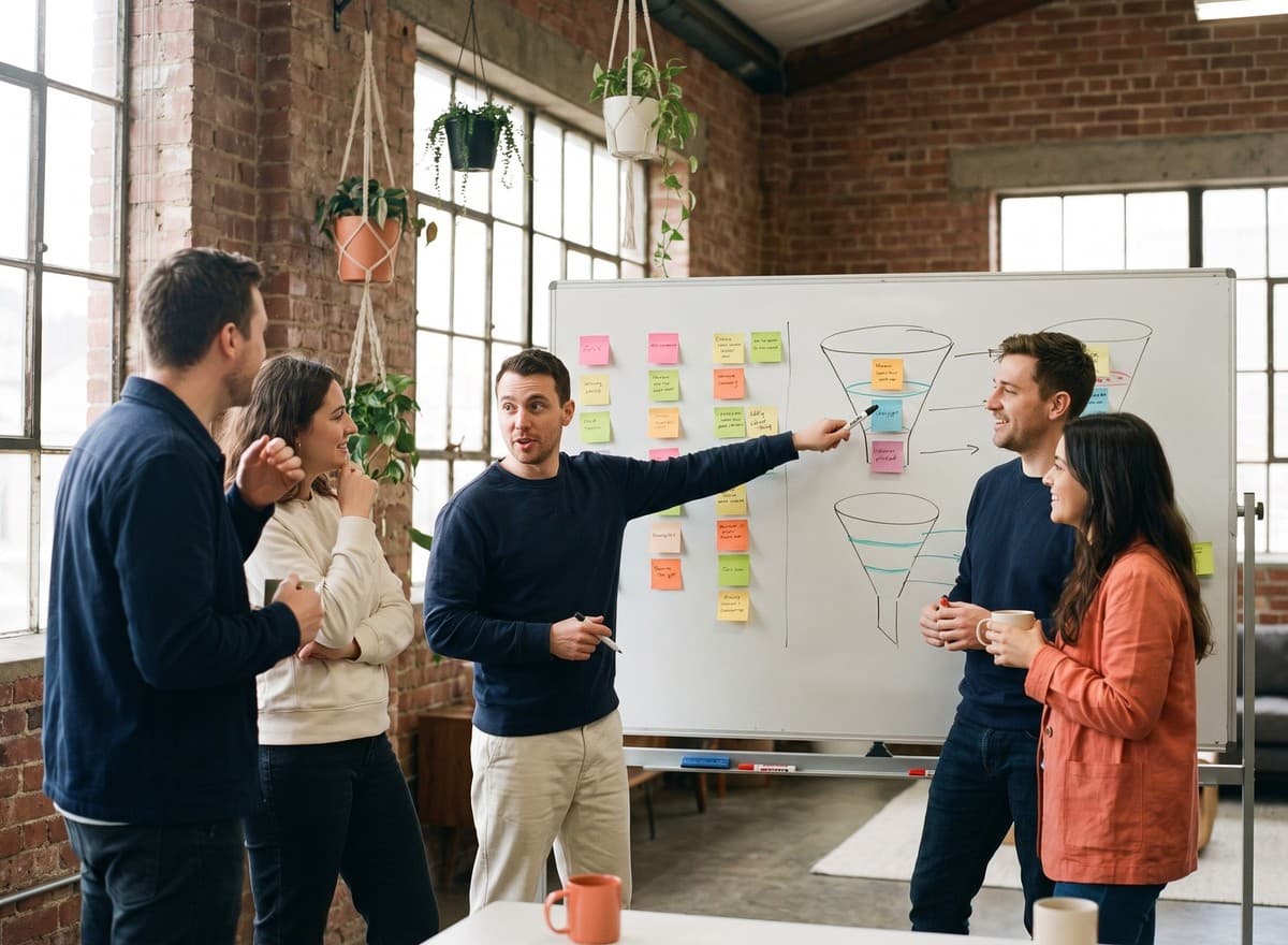 Photo of a team of four around a whiteboard covered in sticky notes and drawn funnel diagrams, animated discussion